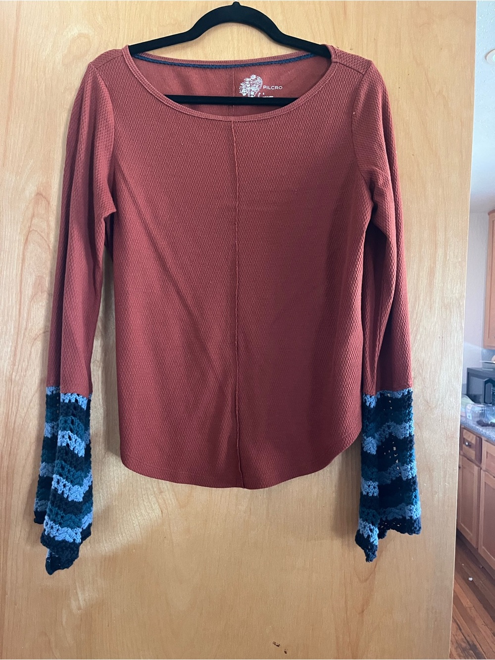 Anthropology Pilcro Women's Rust Long-Sleeve Top with Crochet Sleeve Accents